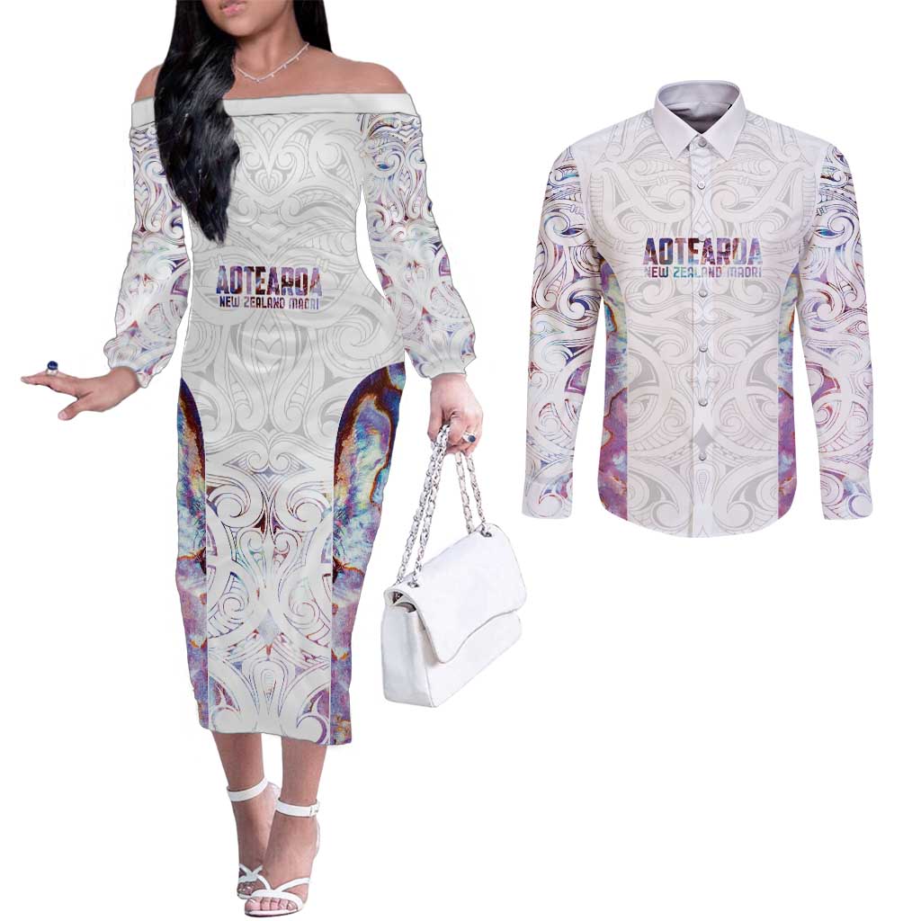 Custom New Zealand Aotearoa Couples Matching Off The Shoulder Long Sleeve Dress and Long Sleeve Button Shirt Pink Maori Paua Shell Indigenous - Polynesian Pride