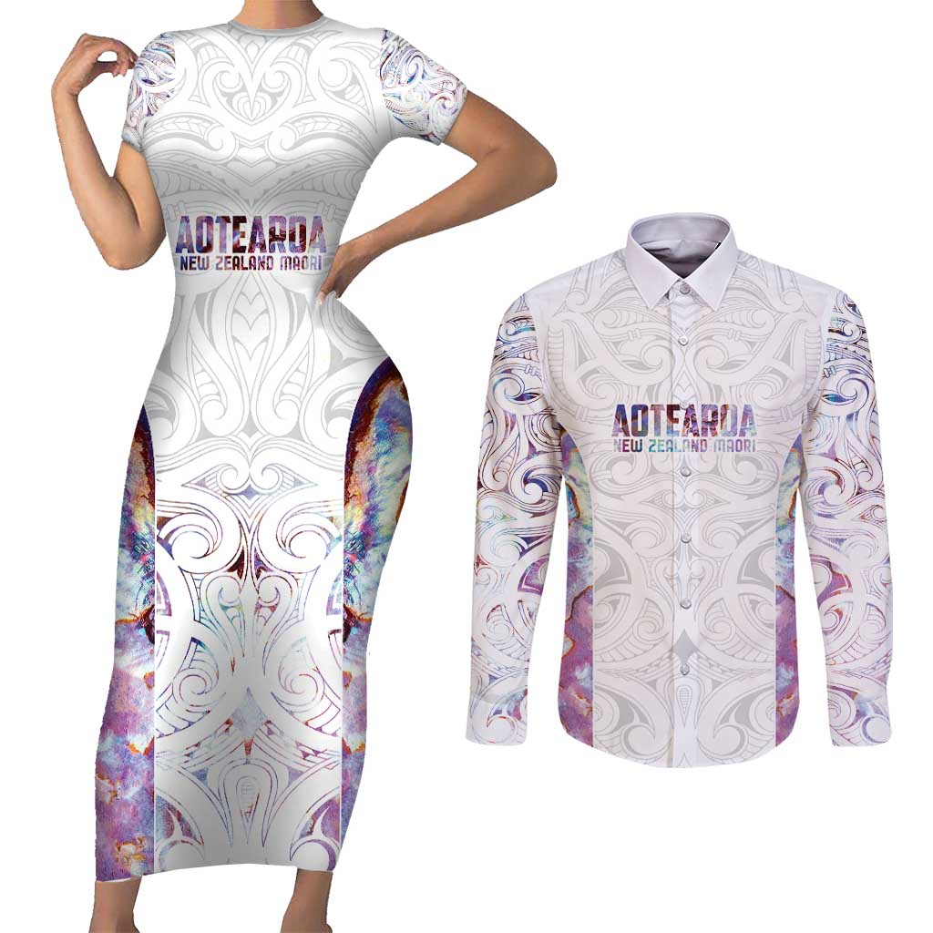 Custom New Zealand Aotearoa Couples Matching Short Sleeve Bodycon Dress and Long Sleeve Button Shirt Pink Maori Paua Shell Indigenous - Polynesian Pride