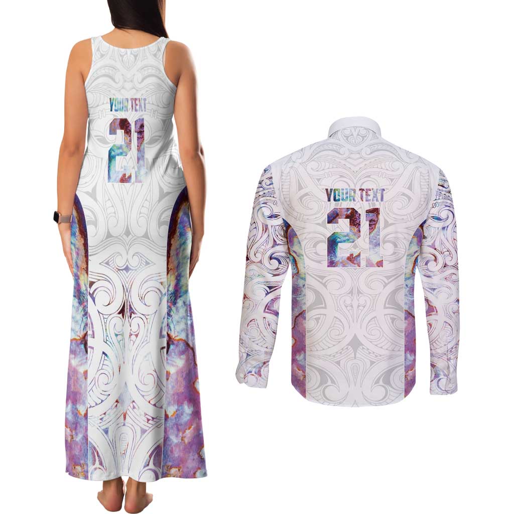 Custom New Zealand Aotearoa Couples Matching Tank Maxi Dress and Long Sleeve Button Shirt Pink Maori Paua Shell Indigenous - Polynesian Pride