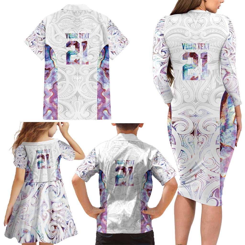 Custom New Zealand Aotearoa Family Matching Long Sleeve Bodycon Dress and Hawaiian Shirt Pink Maori Paua Shell Indigenous - Polynesian Pride