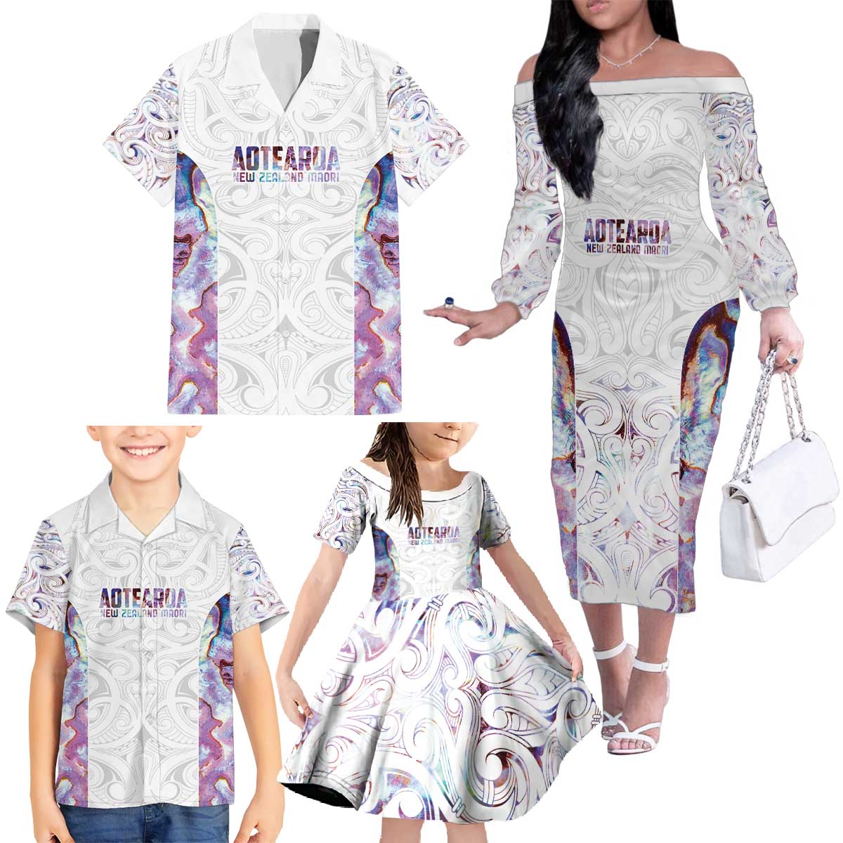 Custom New Zealand Aotearoa Family Matching Off The Shoulder Long Sleeve Dress and Hawaiian Shirt Pink Maori Paua Shell Indigenous - Polynesian Pride