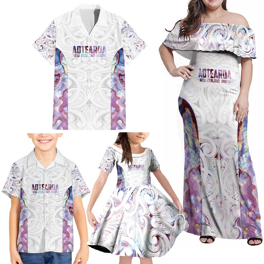 Custom New Zealand Aotearoa Family Matching Off Shoulder Maxi Dress and Hawaiian Shirt Pink Maori Paua Shell Indigenous - Polynesian Pride