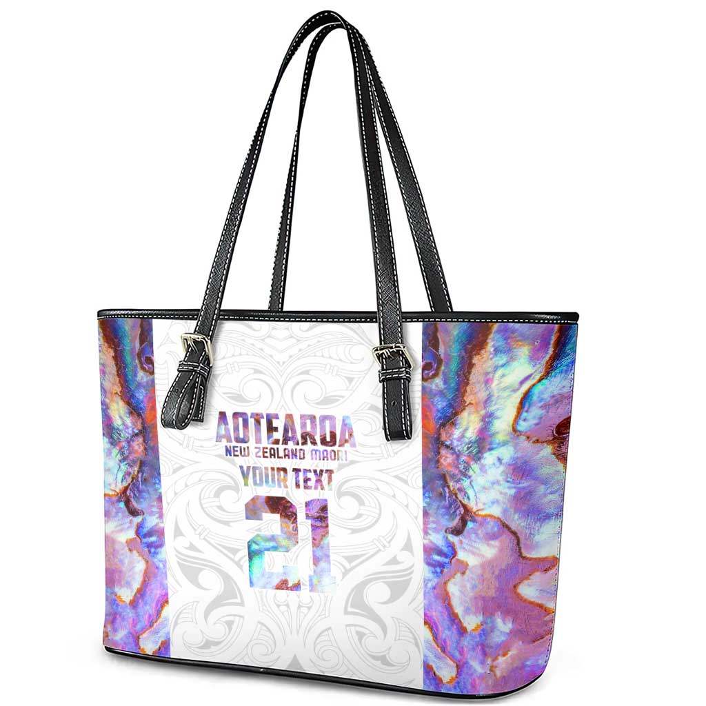 Custom New Zealand Aotearoa Leather Tote Bag Pink Maori Paua Shell Indigenous - Polynesian Pride