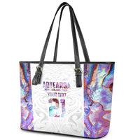 Custom New Zealand Aotearoa Leather Tote Bag Pink Maori Paua Shell Indigenous - Polynesian Pride