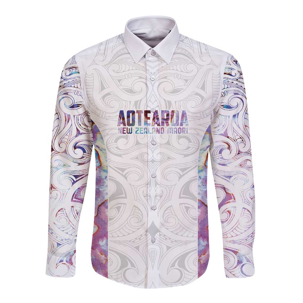 Custom New Zealand Aotearoa Long Sleeve Button Shirt Pink Maori Paua Shell Indigenous - Polynesian Pride