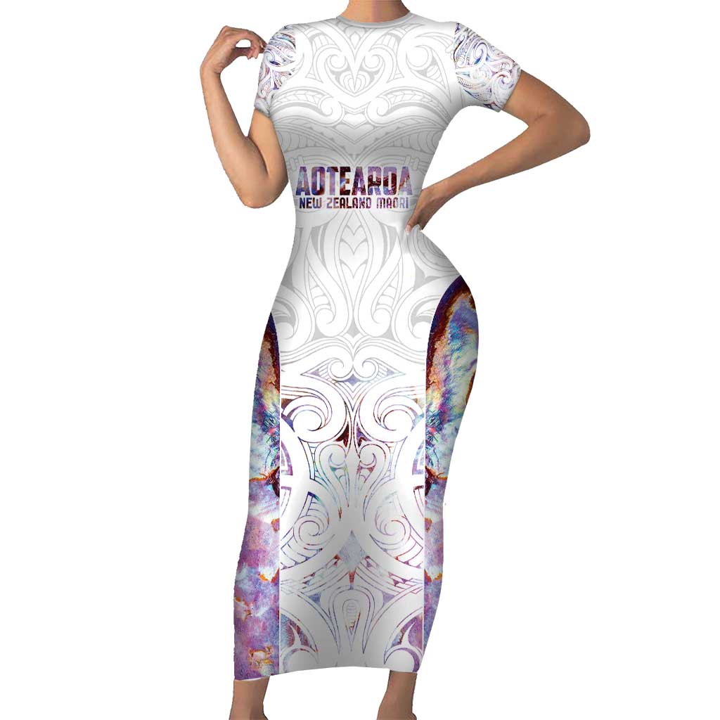 Custom New Zealand Aotearoa Short Sleeve Bodycon Dress Pink Maori Paua Shell Indigenous - Polynesian Pride