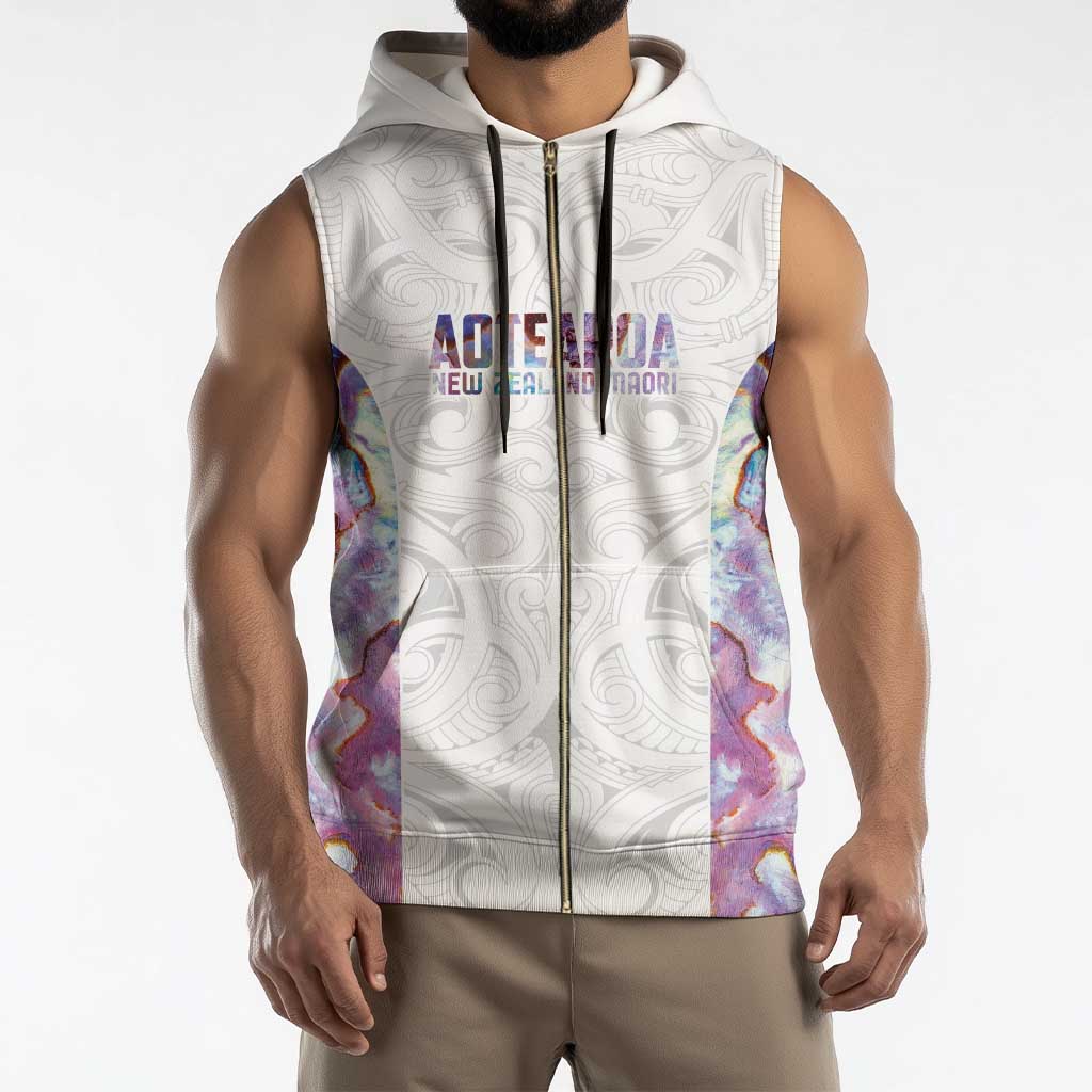 Custom New Zealand Aotearoa Sleeveless Zip Hoodie Pink Maori Paua Shell Indigenous - Polynesian Pride