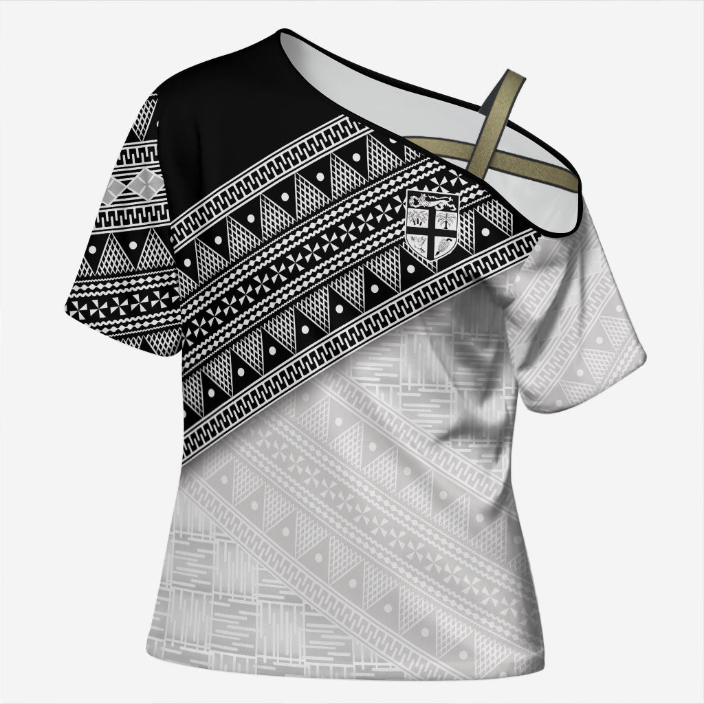 2026 Autumn Rugby Nations Fiji Custom Cross Shoulder Shirt Fijian Tapa Tribal Lauhala Inspired LT9 Female Black - Polynesian Pride