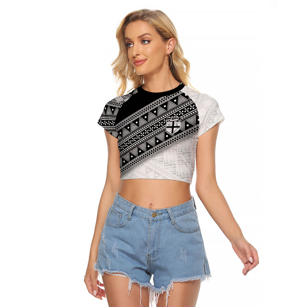 2026 Autumn Rugby Nations Fiji Custom Raglan Cropped T Shirt Fijian Tapa Tribal Lauhala Inspired LT9 Female Black - Polynesian Pride
