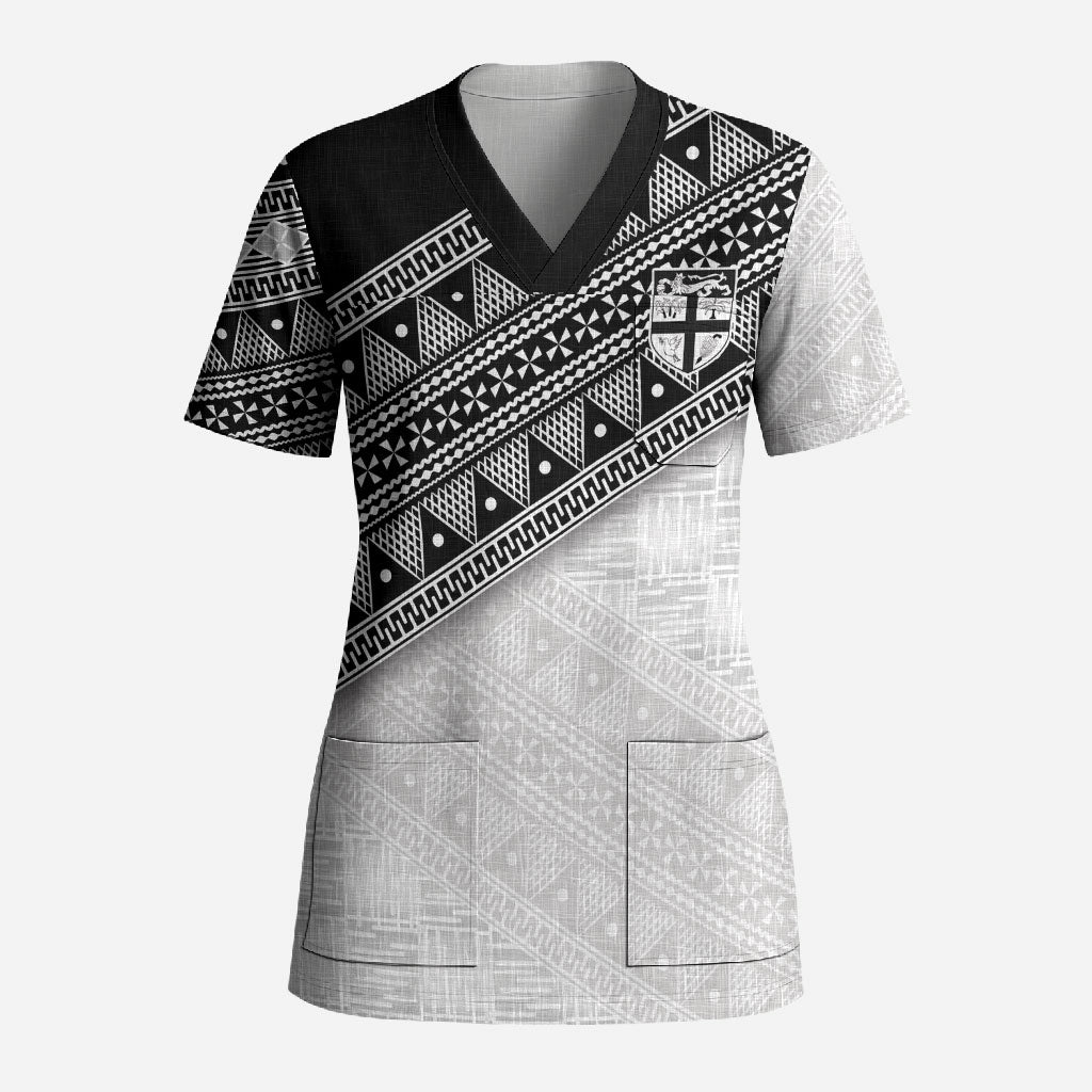 2026 Autumn Rugby Nations Fiji Custom Scrub Top Fijian Tapa Tribal Lauhala Inspired LT9 Adult Black - Polynesian Pride
