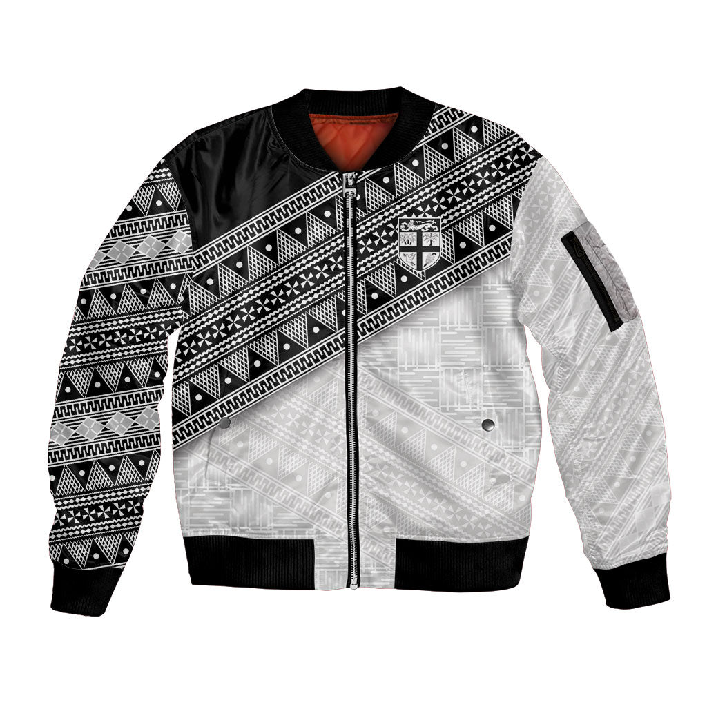 2026 Autumn Rugby Nations Fiji Custom Sleeve Zip Bomber Jacket Fijian Tapa Tribal Lauhala Inspired LT9 Unisex Black - Polynesian Pride
