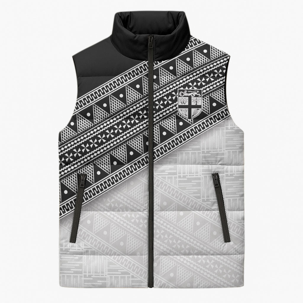 2026 Autumn Rugby Nations Fiji Custom Sleeveless Puffer Jacket Fijian Tapa Tribal Lauhala Inspired LT9 Unisex Black - Polynesian Pride