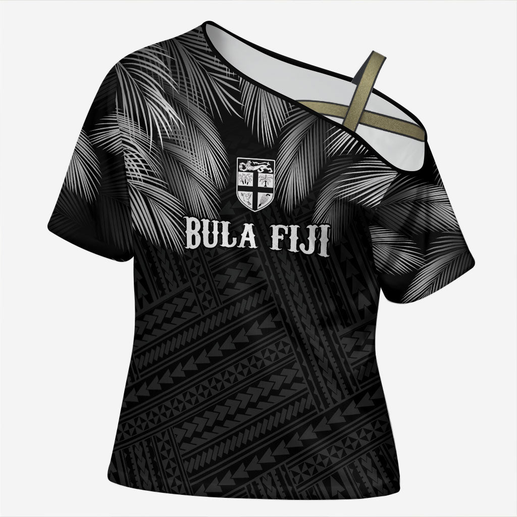 2026 Autumn Rugby Nations Fiji Custom Cross Shoulder Shirt Fijian Palm Leaf Tapa Tribal Inspired LT9 Female Black - Polynesian Pride