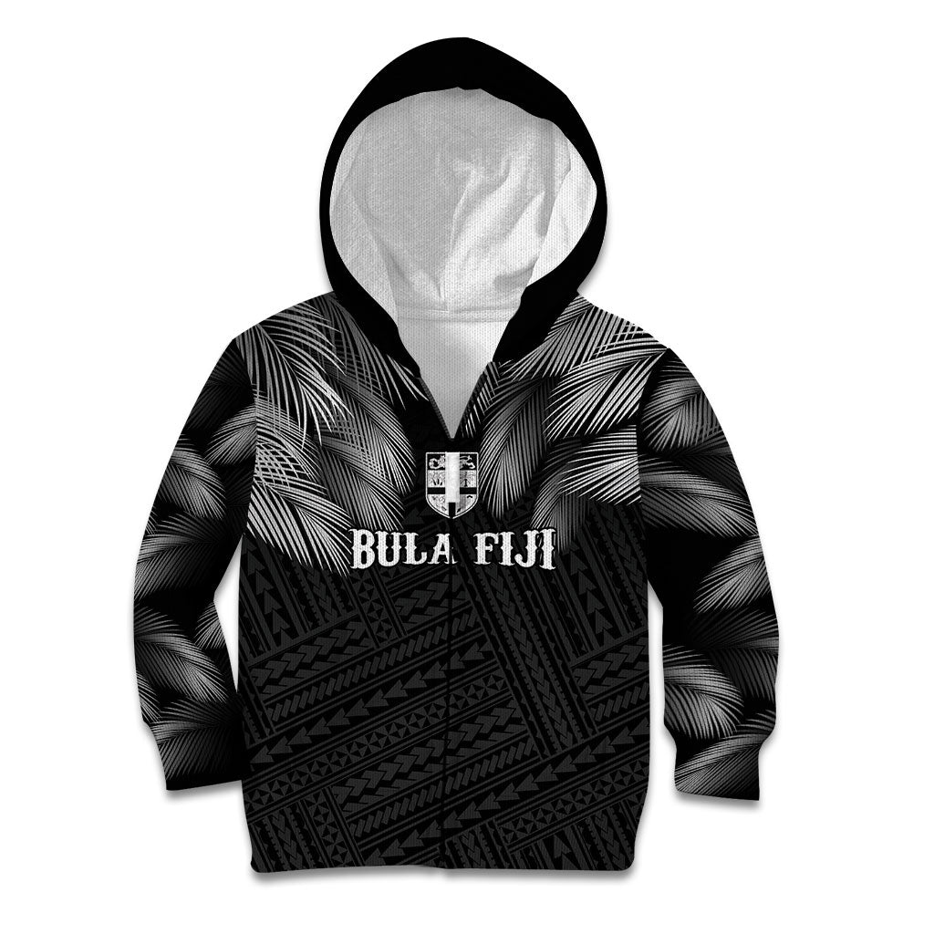 2026 Autumn Rugby Nations Fiji Custom Kid Hoodie Fijian Palm Leaf Tapa Tribal Inspired LT9 Zip Hoodie Black - Polynesian Pride