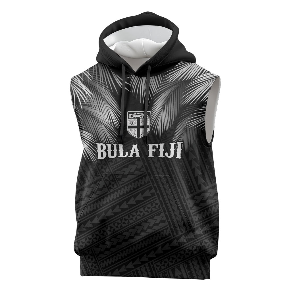 2026 Autumn Rugby Nations Fiji Custom Sleeveless Hoodie Fijian Palm Leaf Tapa Tribal Inspired LT9 Black - Polynesian Pride
