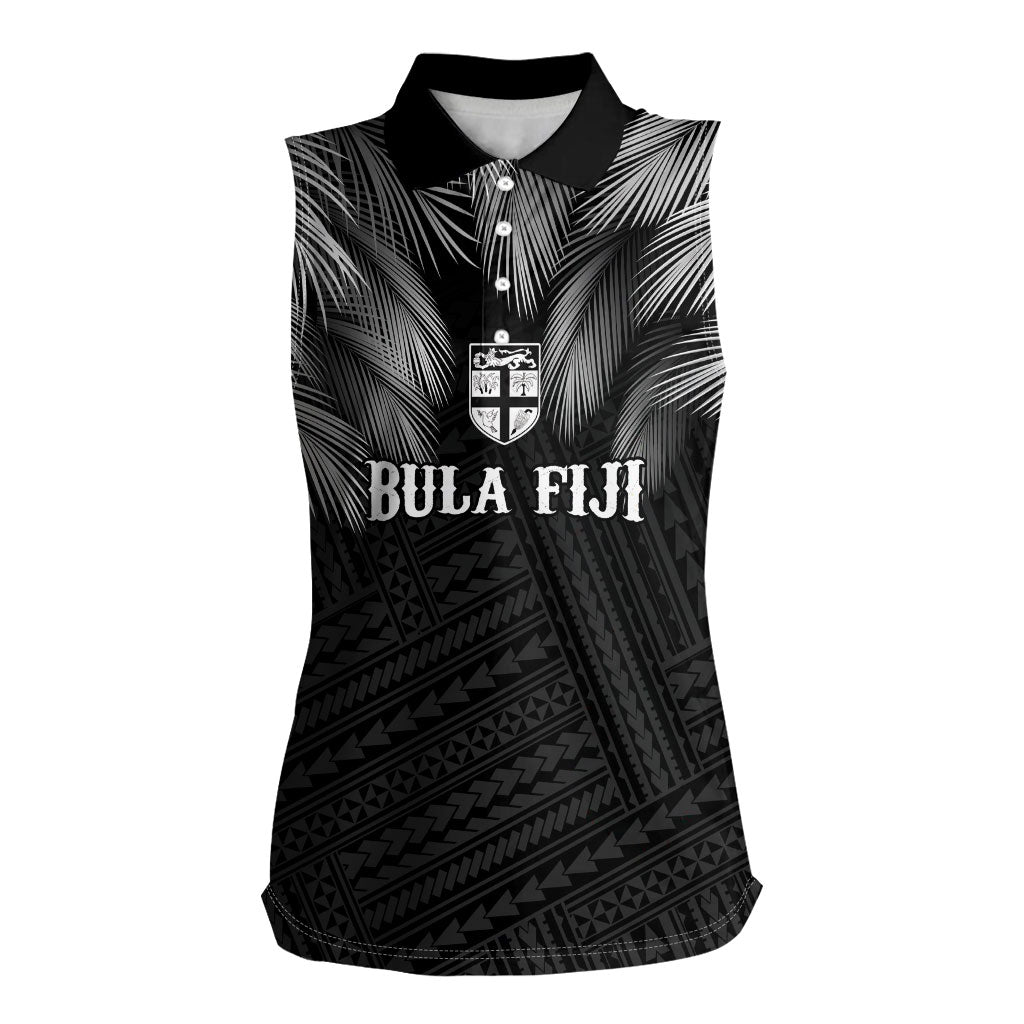 2026 Autumn Rugby Nations Fiji Custom Women Sleeveless Polo Shirt Fijian Palm Leaf Tapa Tribal Inspired LT9 Female Black - Polynesian Pride