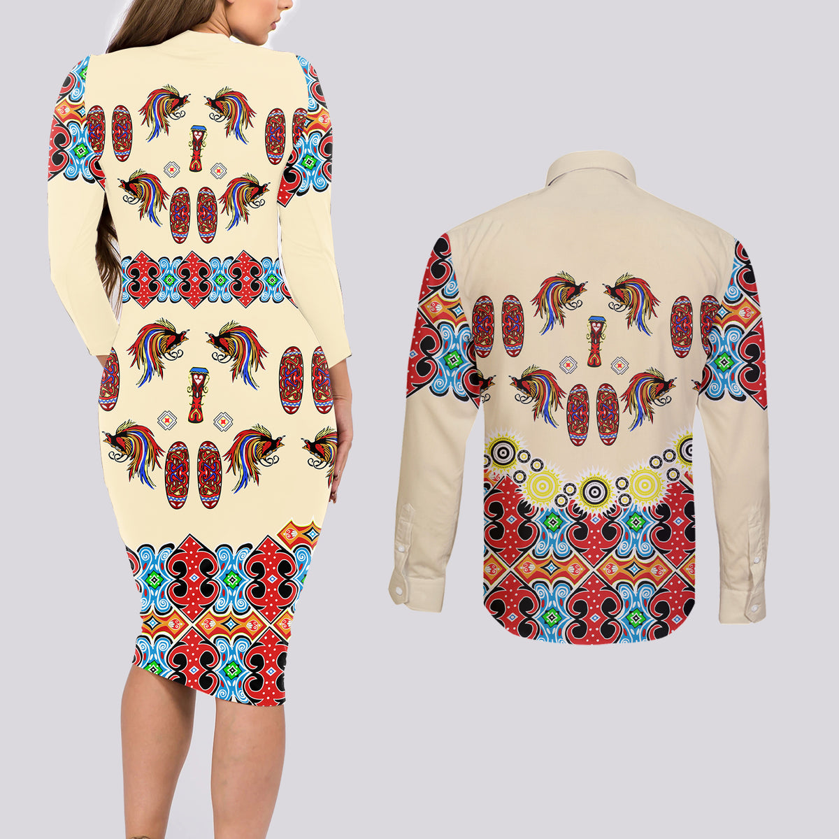 Papua Batik Motif Bird Of Paradise and Native Papuan Shield Couples Matching Long Sleeve Bodycon Dress and Long Sleeve Button Shirt LT9 - Polynesian Pride