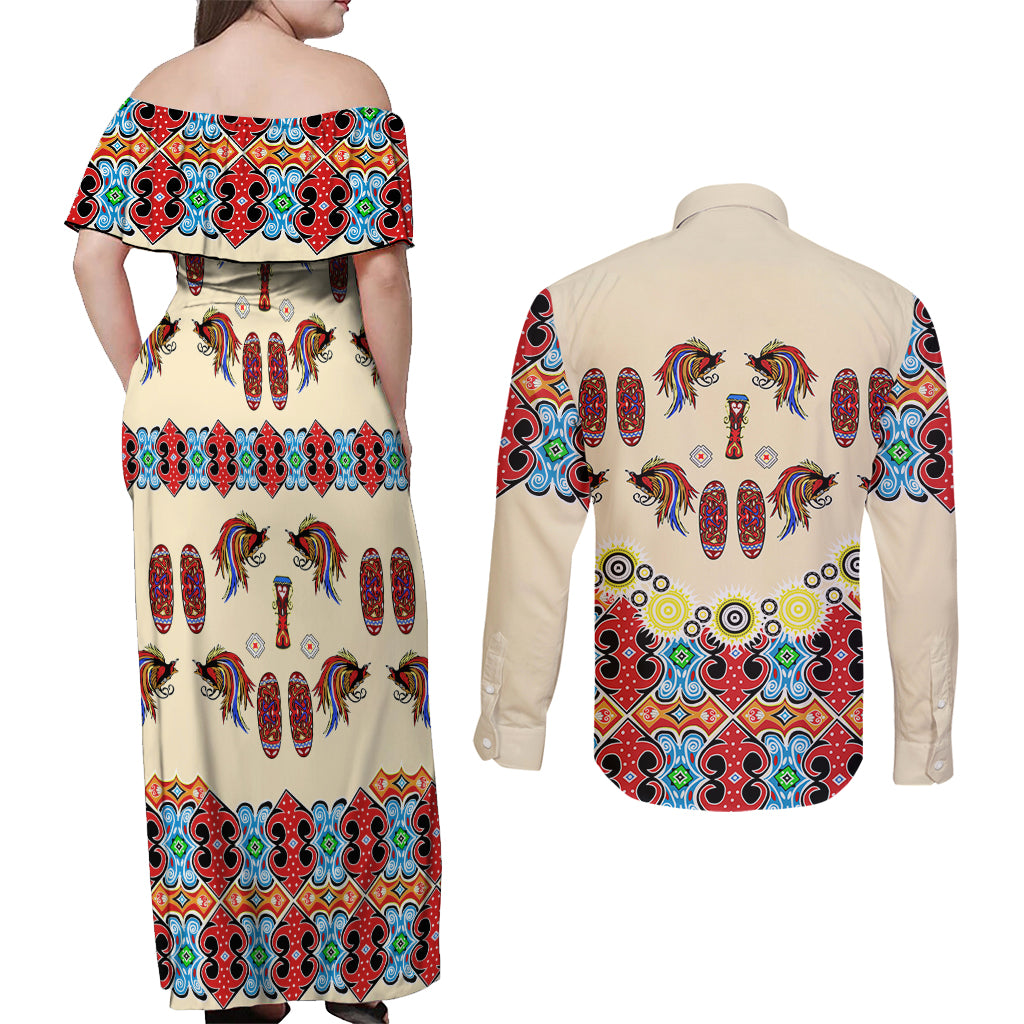 Papua Batik Motif Bird Of Paradise and Native Papuan Shield Couples Matching Off Shoulder Maxi Dress and Long Sleeve Button Shirt LT9 - Polynesian Pride