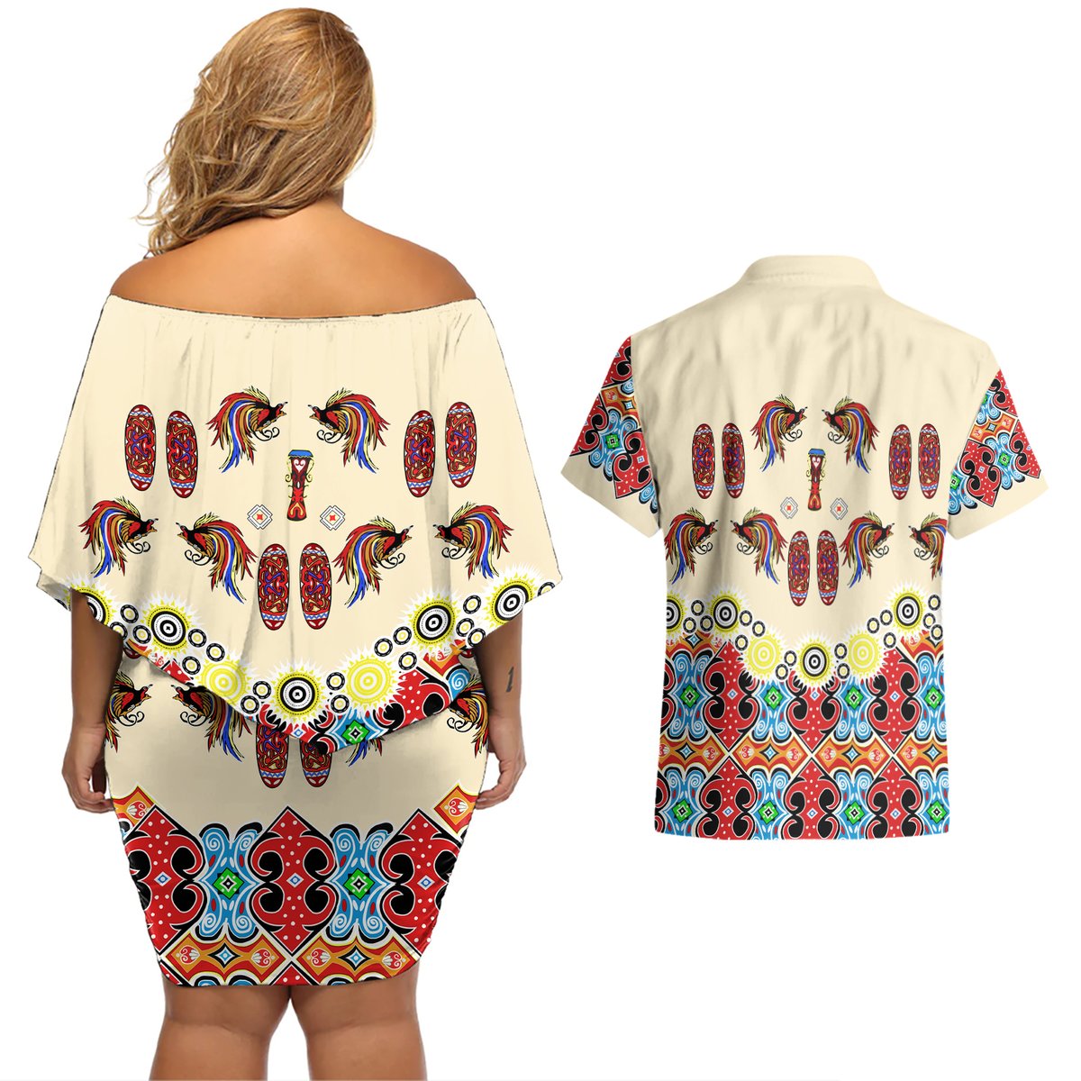 Papua Batik Motif Bird Of Paradise and Native Papuan Shield Couples Matching Off Shoulder Short Dress and Hawaiian Shirt LT9 - Polynesian Pride