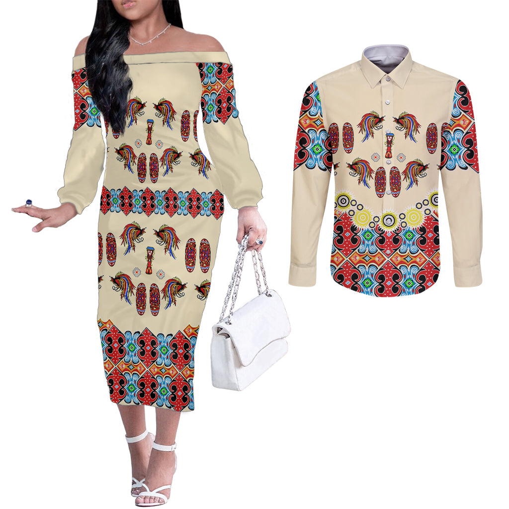 Papua Batik Motif Bird Of Paradise and Native Papuan Shield Couples Matching Off The Shoulder Long Sleeve Dress and Long Sleeve Button Shirt LT9 Beige - Polynesian Pride