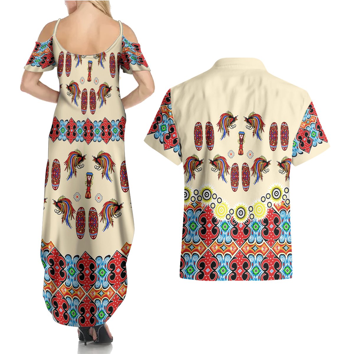 Papua Batik Motif Bird Of Paradise and Native Papuan Shield Couples Matching Summer Maxi Dress and Hawaiian Shirt LT9 - Polynesian Pride
