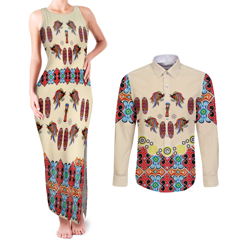 Papua Batik Motif Bird Of Paradise and Native Papuan Shield Couples Matching Tank Maxi Dress and Long Sleeve Button Shirt LT9 Beige - Polynesian Pride