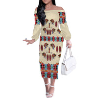 Papua Batik Motif Bird Of Paradise and Native Papuan Shield Family Matching Off Shoulder Long Sleeve Dress and Hawaiian Shirt LT9 Mom's Dress Beige - Polynesian Pride