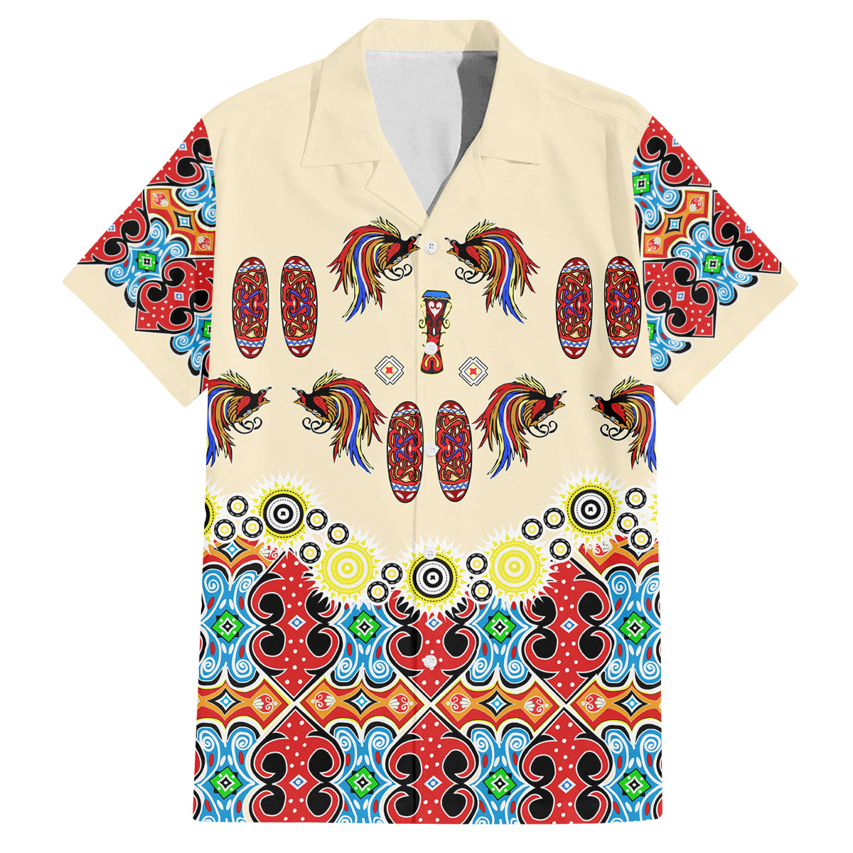 Papua Batik Motif Bird Of Paradise and Native Papuan Shield Family Matching Tank Maxi Dress and Hawaiian Shirt LT9 Dad's Shirt - Short Sleeve Beige - Polynesian Pride