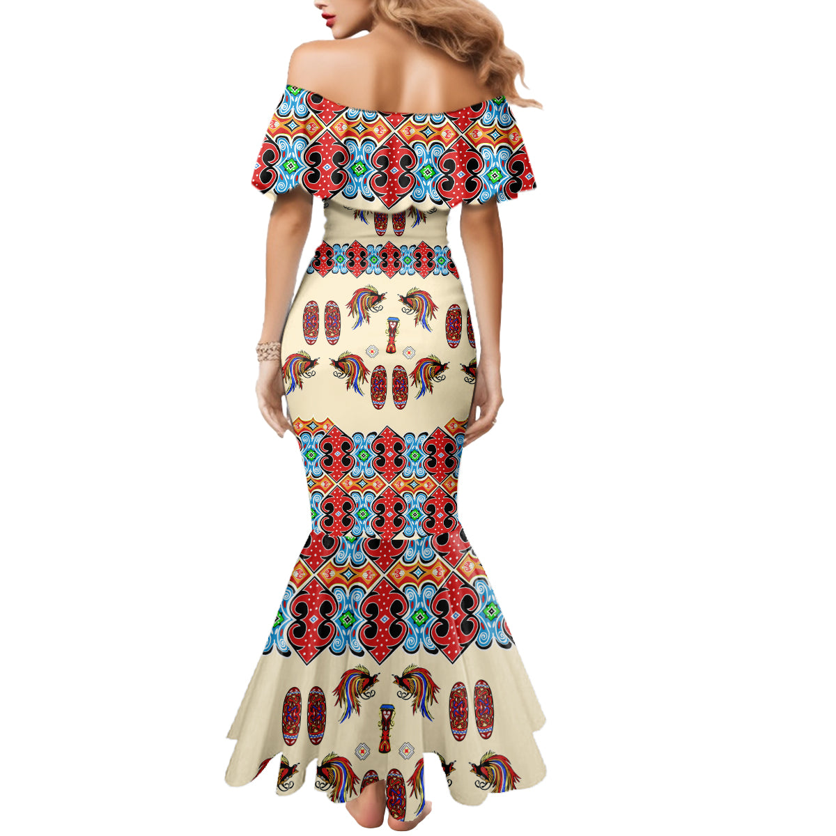 Papua Batik Motif Bird Of Paradise and Native Papuan Shield Mermaid Dress LT9 - Polynesian Pride