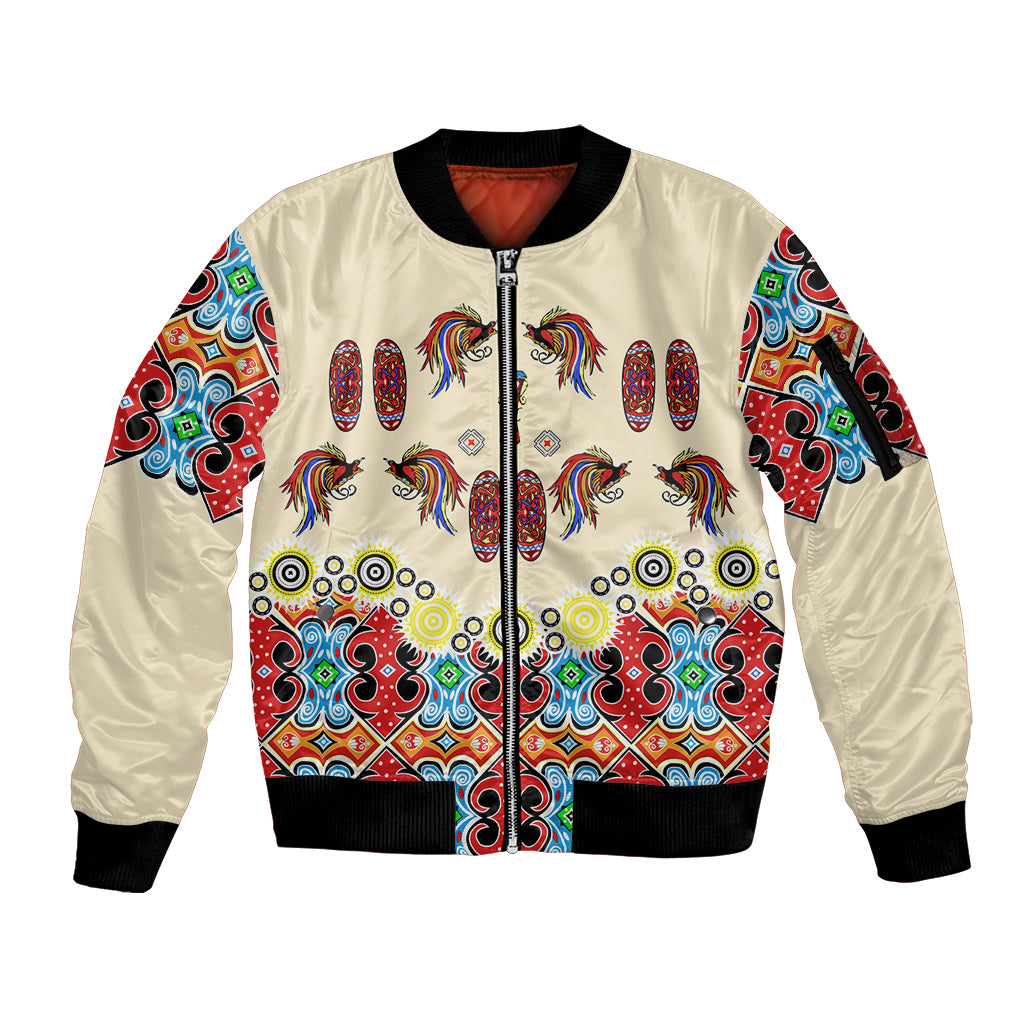 Papua Batik Motif Bird Of Paradise and Native Papuan Shield Sleeve Zip Bomber Jacket LT9 Unisex Beige - Polynesian Pride
