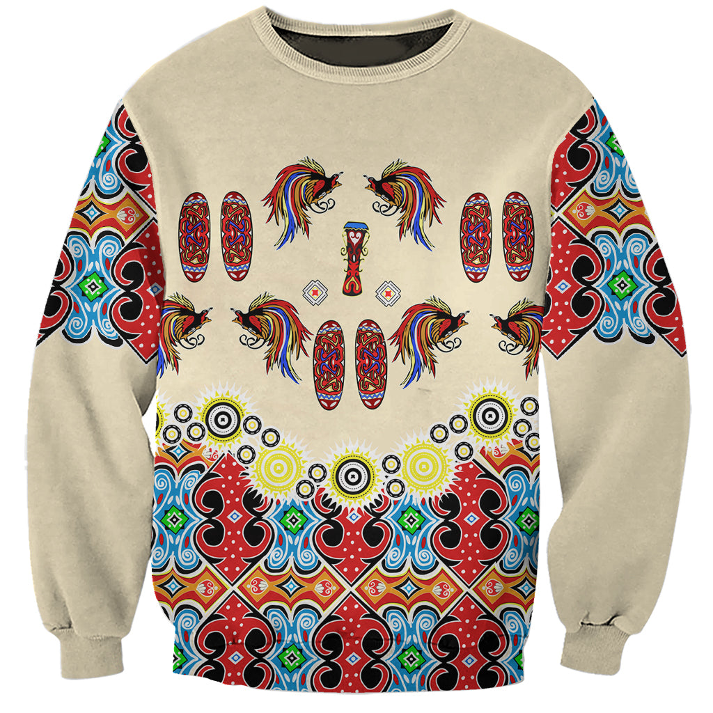 Papua Batik Motif Bird Of Paradise and Native Papuan Shield Sweatshirt LT9 Unisex Beige - Polynesian Pride