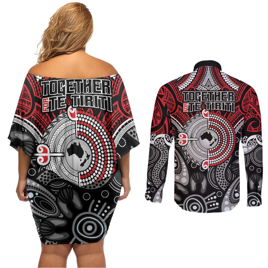 Aotearoa and Australia Couples Matching Off Shoulder Short Dress and Long Sleeve Button Shirt New Zealand Honour The Treaty Ake!Ake!Ake!