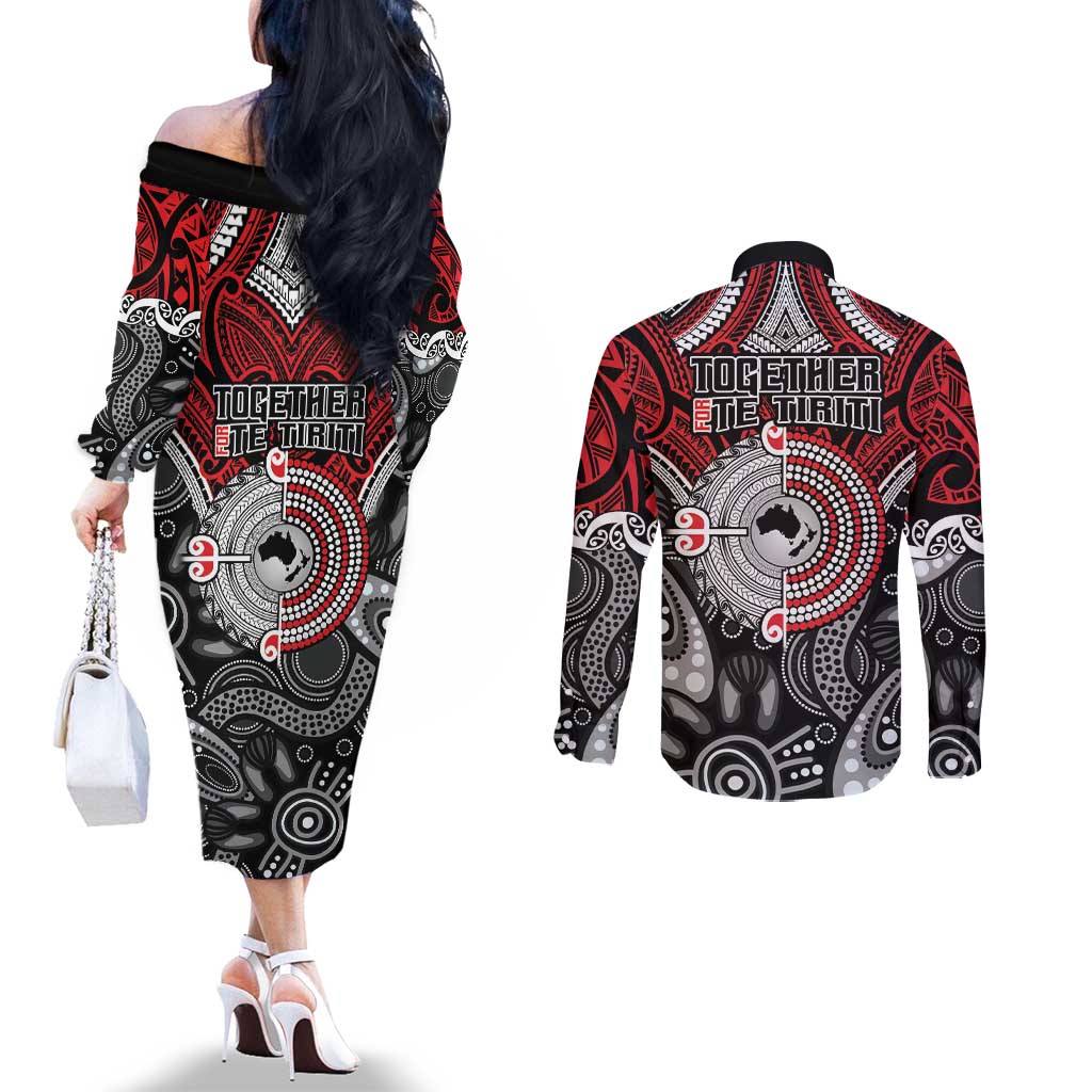 Aotearoa and Australia Couples Matching Off The Shoulder Long Sleeve Dress and Long Sleeve Button Shirt New Zealand Honour The Treaty Ake!Ake!Ake!