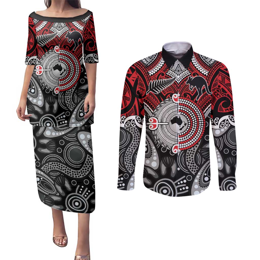 Aotearoa and Australia Couples Matching Puletasi and Long Sleeve Button Shirt New Zealand Honour The Treaty Ake!Ake!Ake!