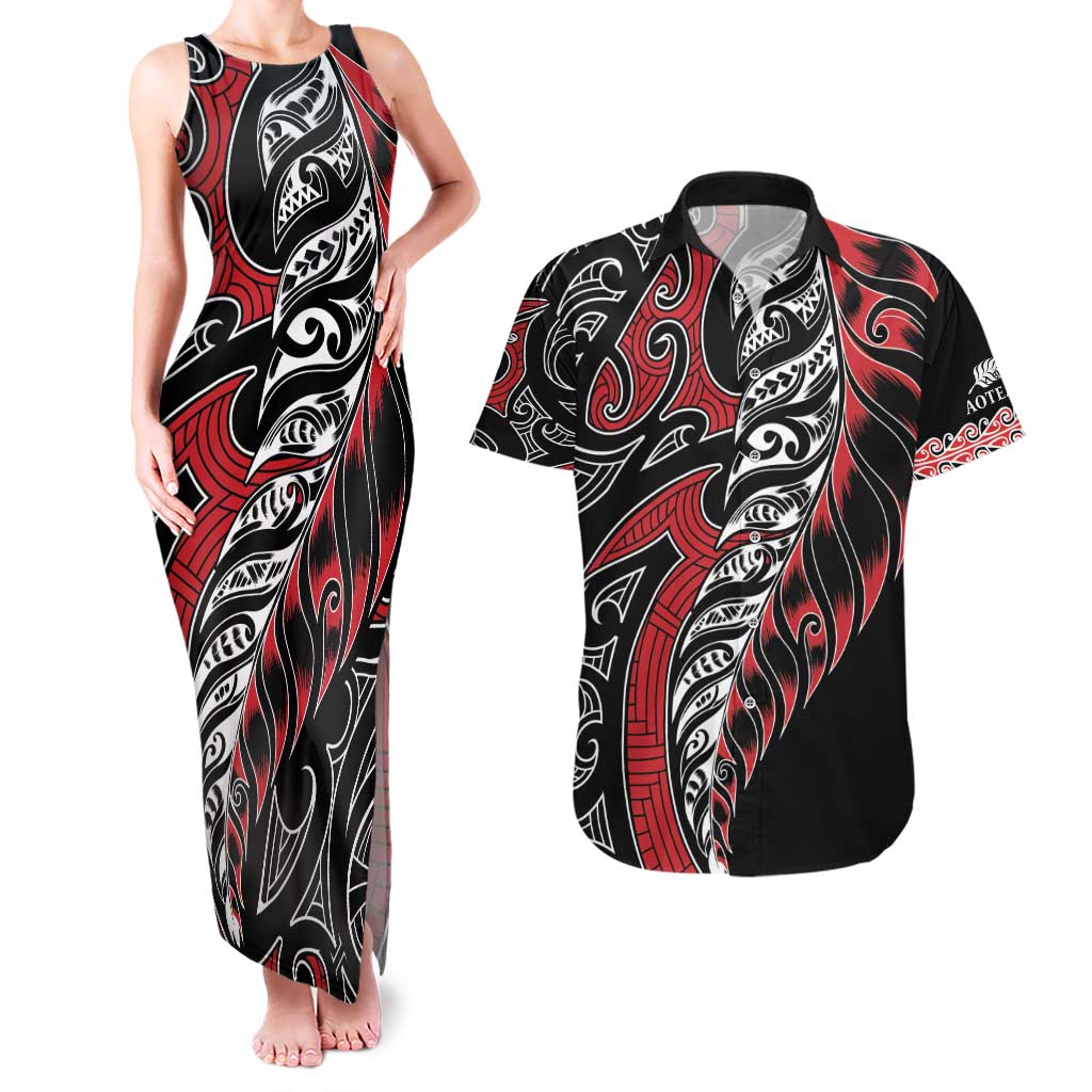 Koru Fern New Zealand Couples Matching Tank Maxi Dress and Hawaiian Shirt Maori Tribal Pattern