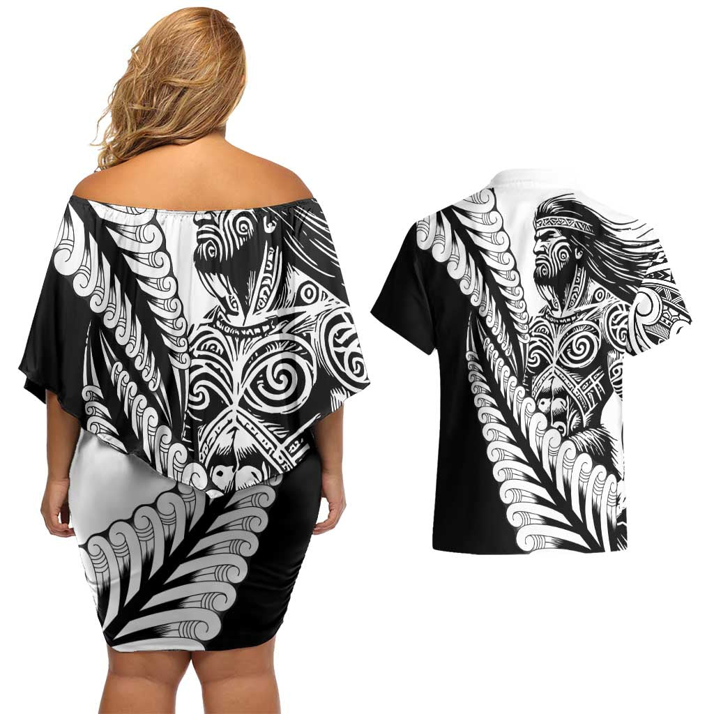 Koru Fern New Zealand Maori Tribal Warrior Couples Matching Off Shoulder Short Dress and Hawaiian Shirt