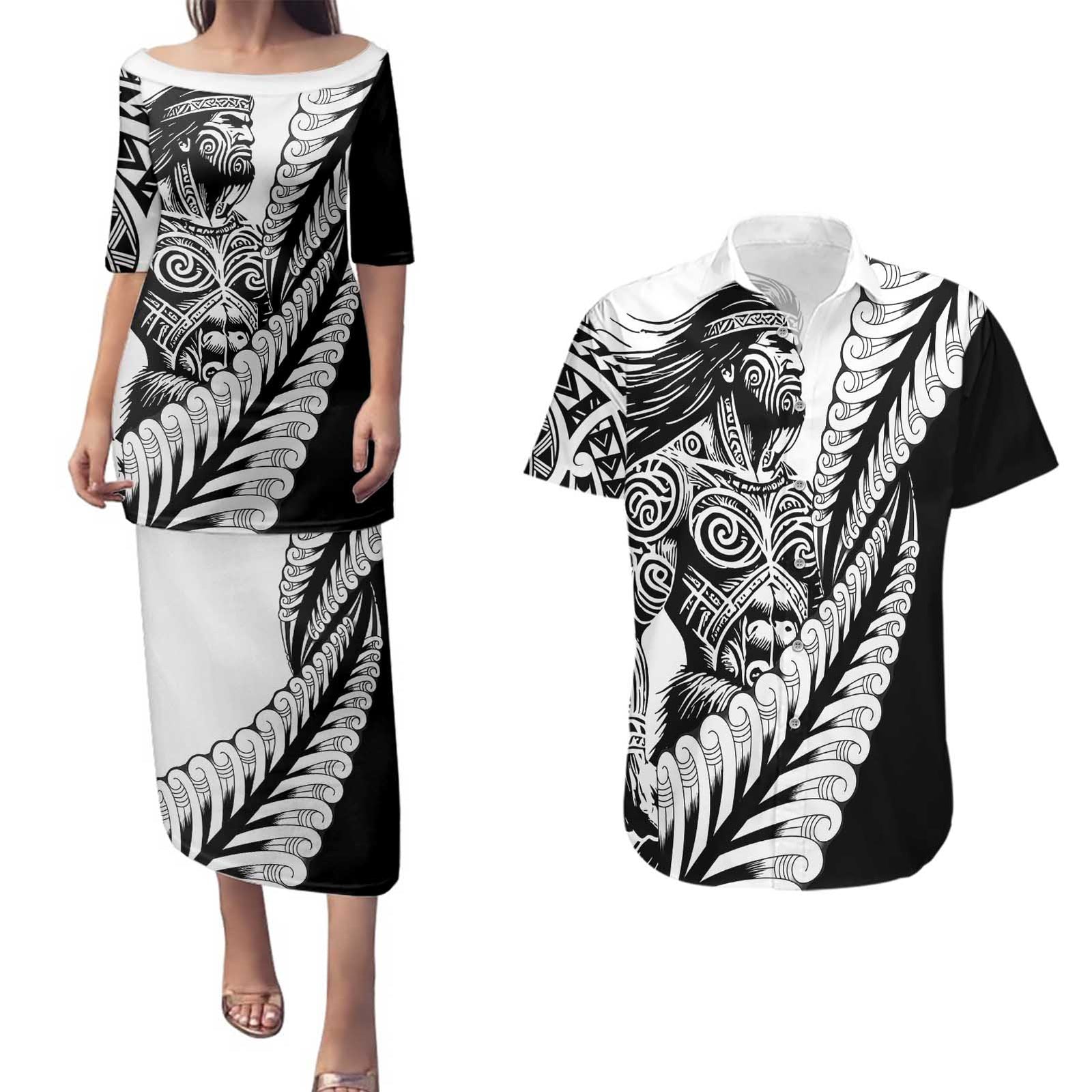 Koru Fern New Zealand Maori Tribal Warrior Couples Matching Puletasi and Hawaiian Shirt