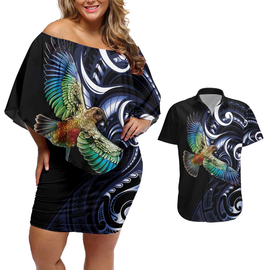 New Zealand Kea Bird Personalised Couples Matching Off Shoulder Short Dress and Hawaiian Shirt Maori Tribal Koru Art