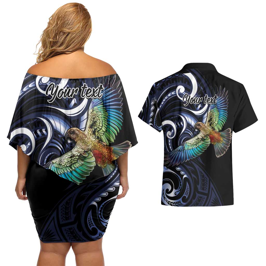 New Zealand Kea Bird Personalised Couples Matching Off Shoulder Short Dress and Hawaiian Shirt Maori Tribal Koru Art