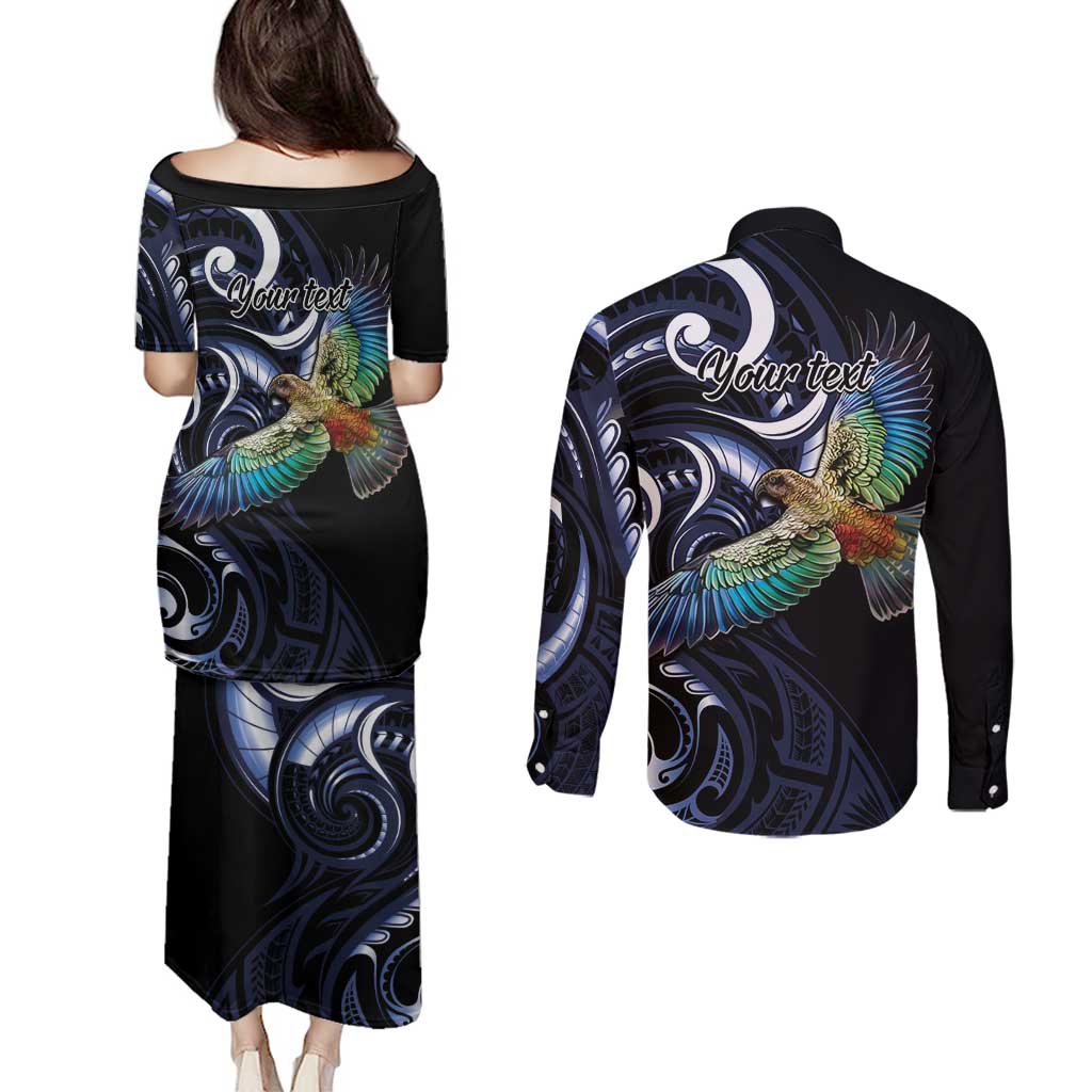 New Zealand Kea Bird Personalised Couples Matching Puletasi and Long Sleeve Button Shirt Maori Tribal Koru Art