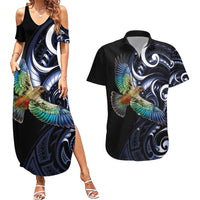 New Zealand Kea Bird Personalised Couples Matching Summer Maxi Dress and Hawaiian Shirt Maori Tribal Koru Art