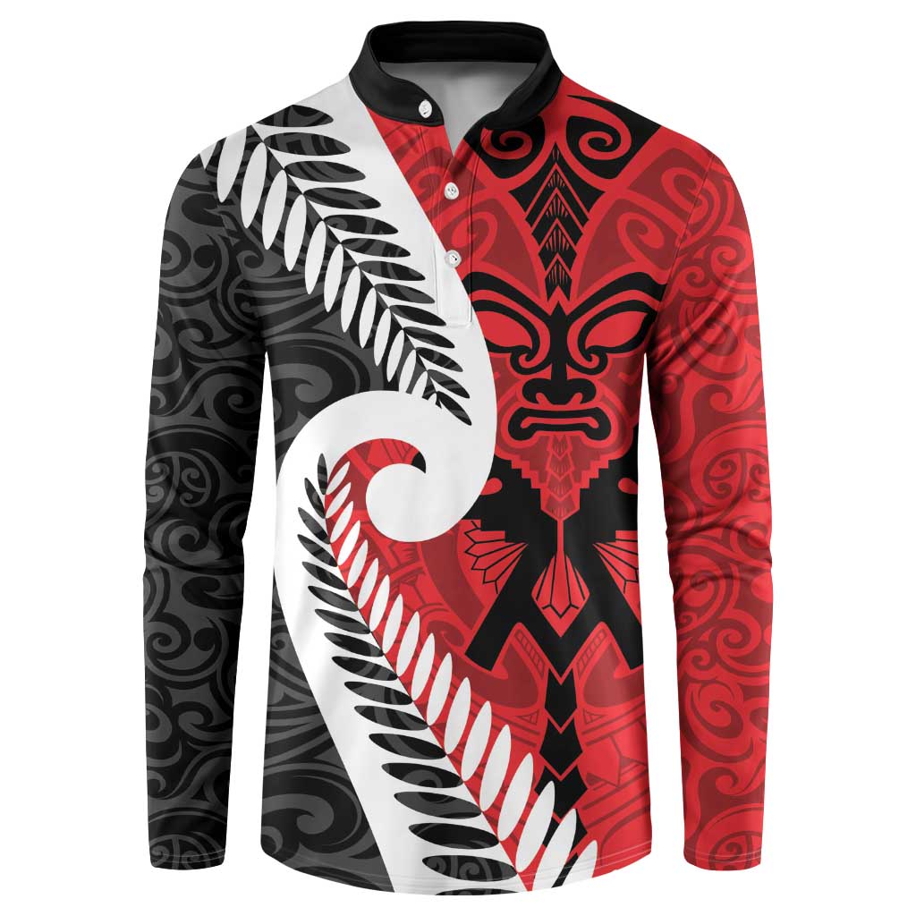 Silver Fern Koru Swirls with Maori Ta Moko Button Sweatshirt LT9 Red - Polynesian Pride