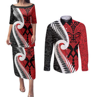 Silver Fern Koru Swirls with Maori Ta Moko Couples Matching Puletasi and Long Sleeve Button Shirt LT9 Red - Polynesian Pride