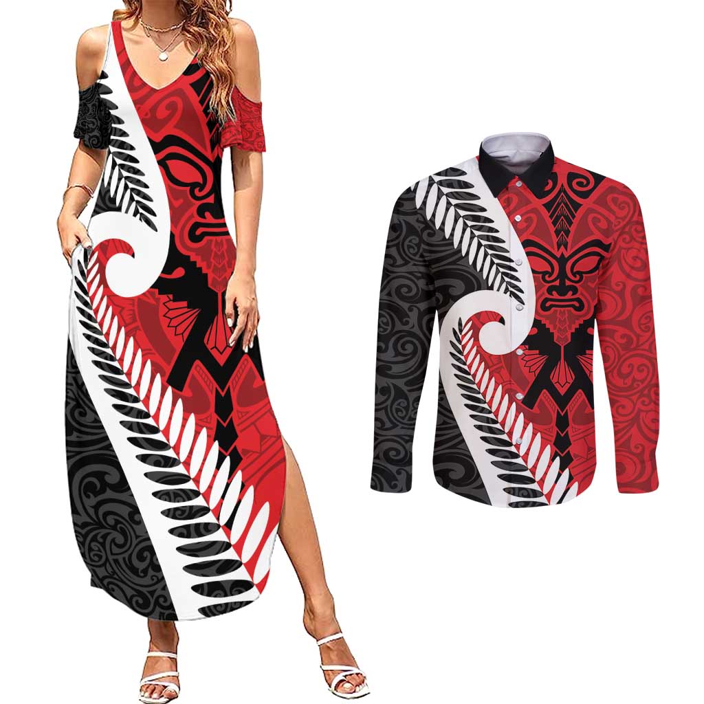 Silver Fern Koru Swirls with Maori Ta Moko Couples Matching Summer Maxi Dress and Long Sleeve Button Shirt LT9 Red - Polynesian Pride