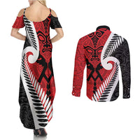 Silver Fern Koru Swirls with Maori Ta Moko Couples Matching Summer Maxi Dress and Long Sleeve Button Shirt LT9 - Polynesian Pride