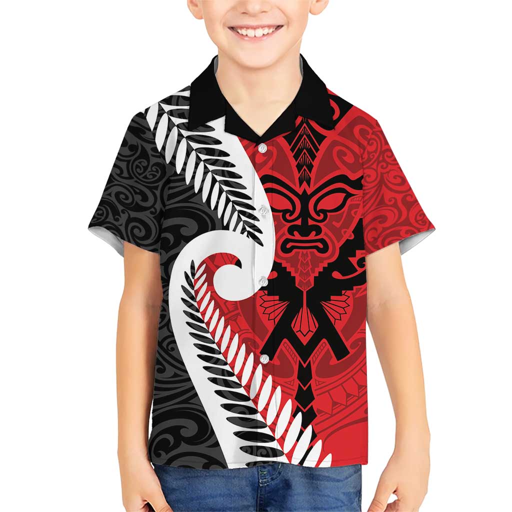 Silver Fern Koru Swirls with Maori Ta Moko Kid Hawaiian Shirt LT9 Kid Red - Polynesian Pride