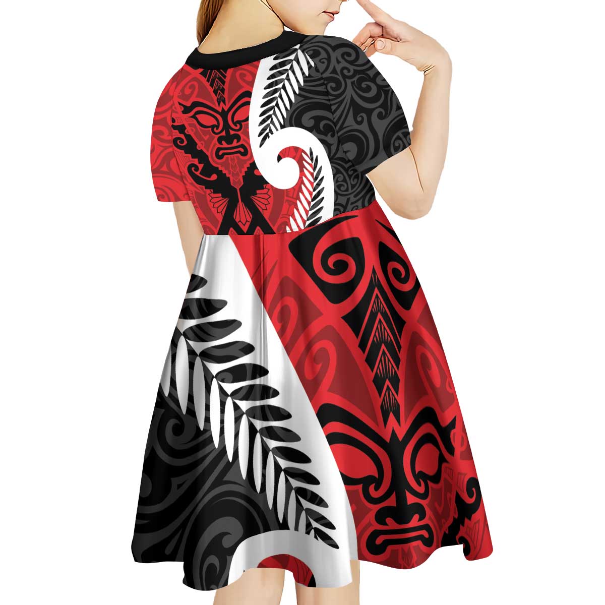 Silver Fern Koru Swirls with Maori Ta Moko Kid Short Sleeve Dress LT9 - Polynesian Pride