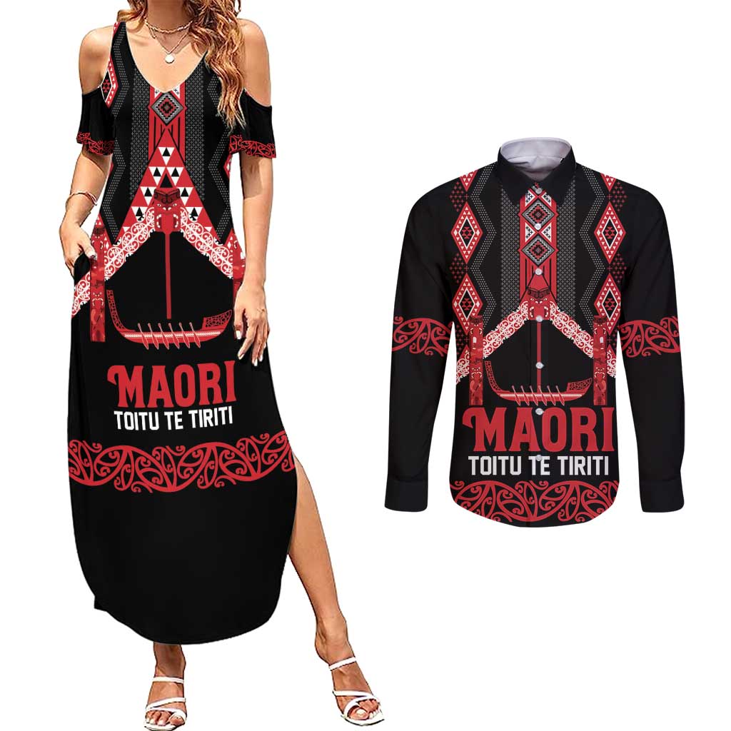 Toitu Te Tiriti Waitangi Couples Matching Summer Maxi Dress and Long Sleeve Button Shirt Black Wharenui House - Polynesian Pride