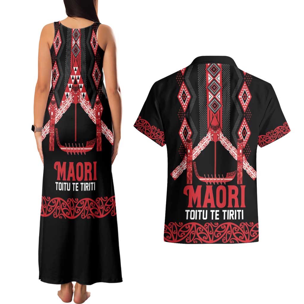 Toitu Te Tiriti Waitangi Couples Matching Tank Maxi Dress and Hawaiian Shirt Black Wharenui House - Polynesian Pride