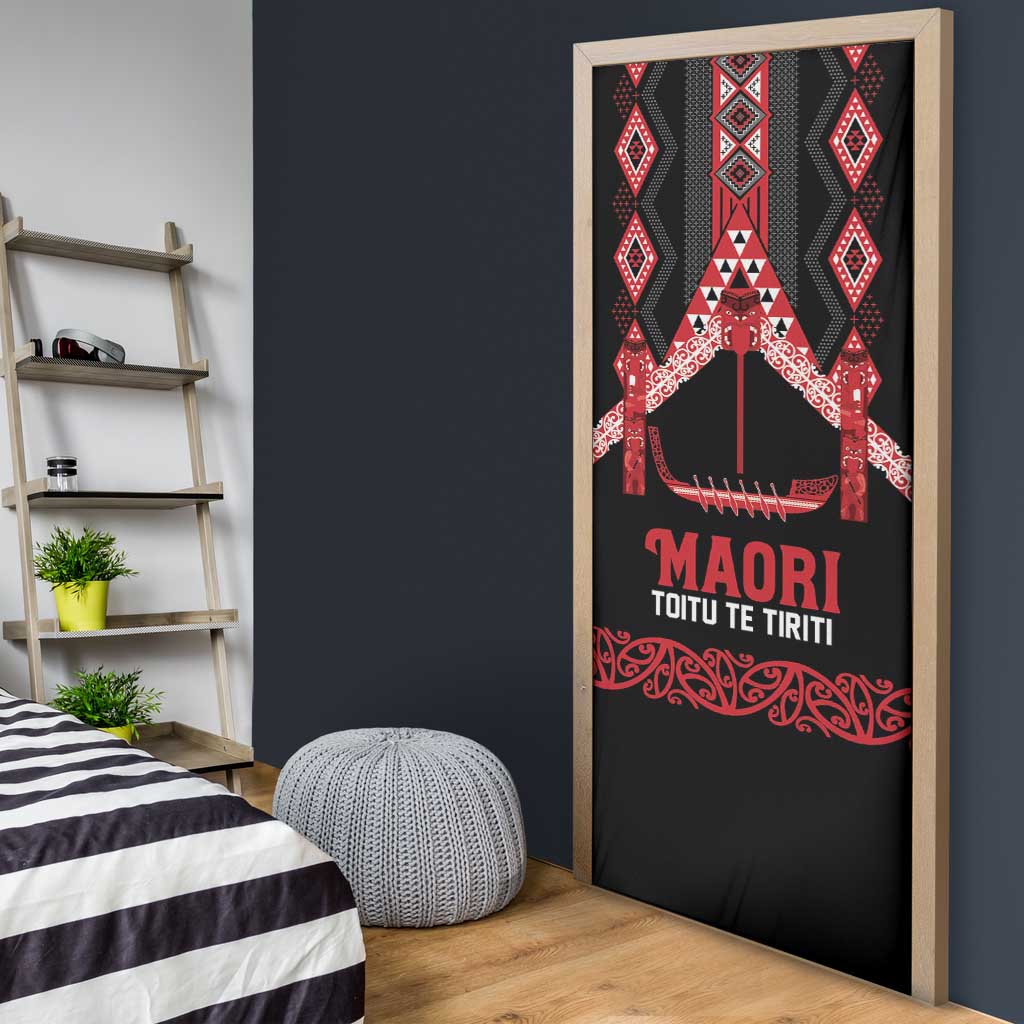 Toitu Te Tiriti Waitangi Door Cover Black Wharenui House LT9 - Polynesian Pride